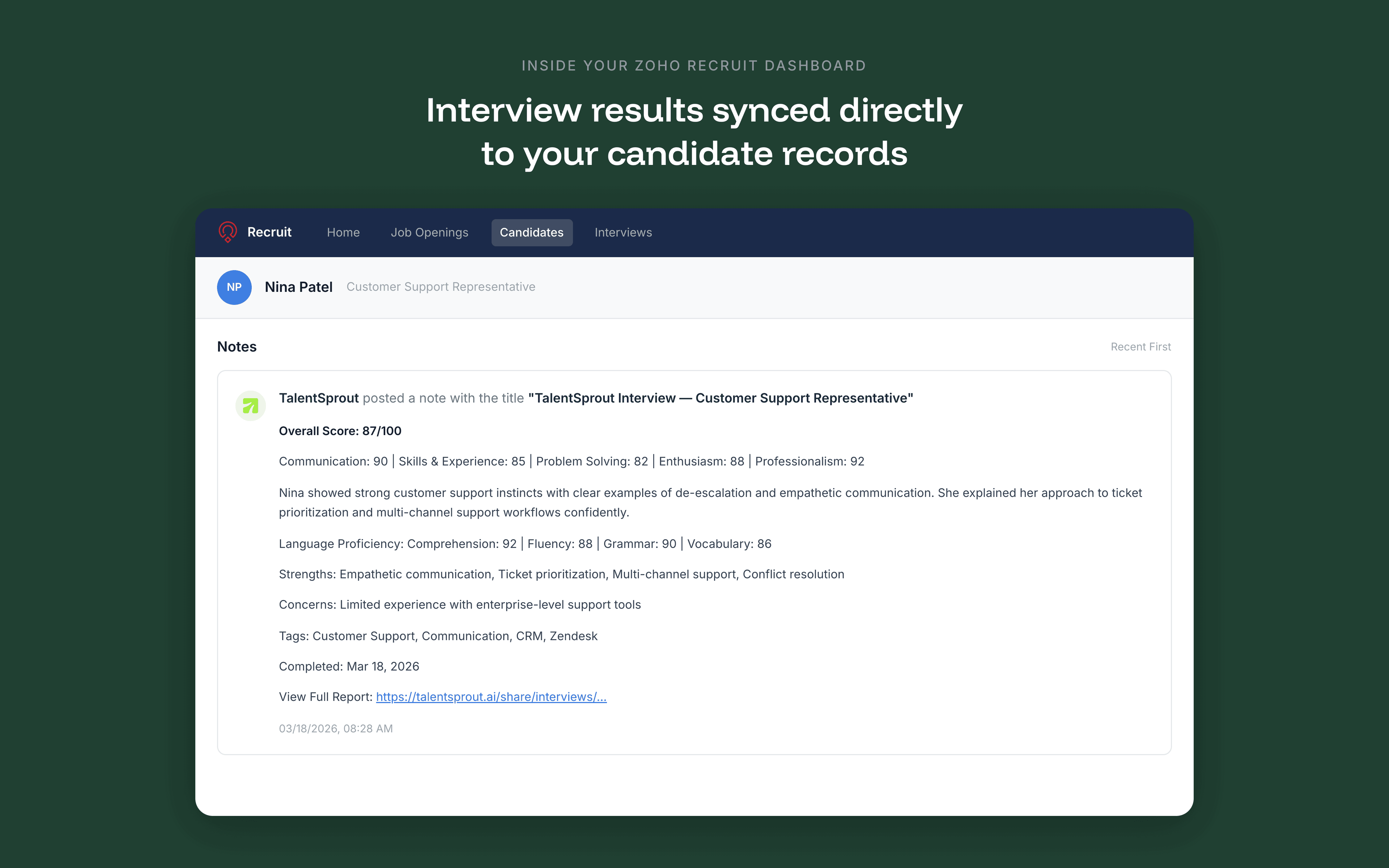 TalentSprout interview results synced as notes in Zoho Recruit — showing scores, performance summary, and report link on a candidate record