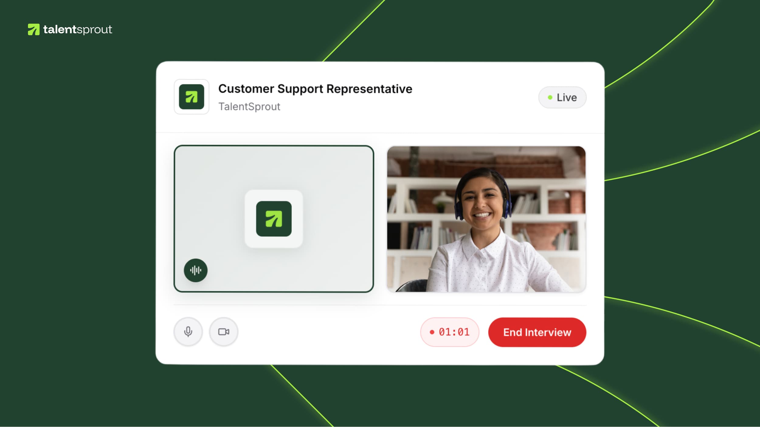 AI candidate screening interview session — live video interview with a Customer Support Representative candidate