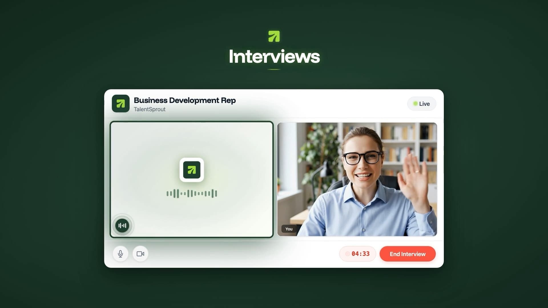 TalentSprout AI interview session — live candidate screening interview with a Business Development Rep candidate